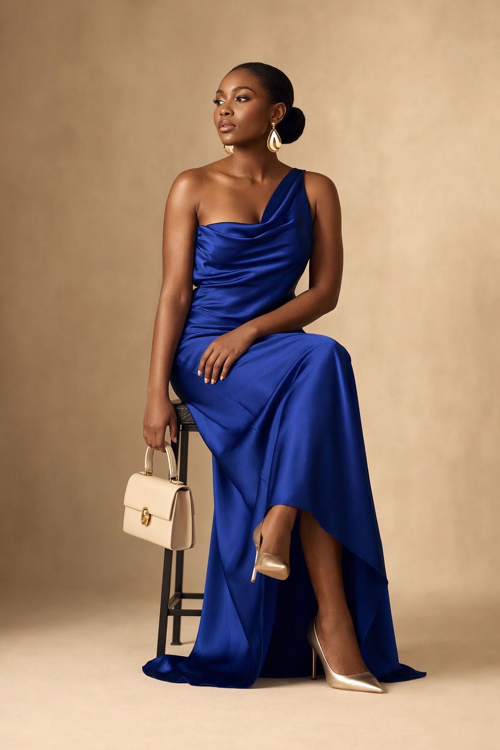 The look photographed seated, the satin draping