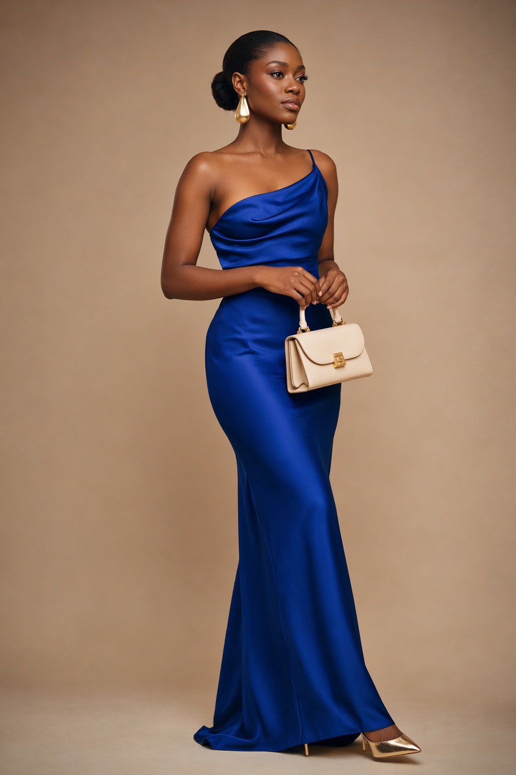 The bag and the earrings against the cobalt satin